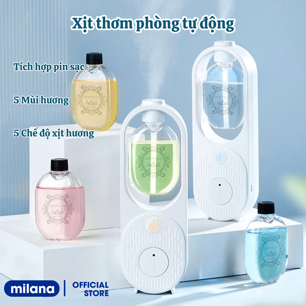 Máy xịt thơm phòng tự động, máy xông tinh dầu phòng ngủ với pin sạc 500mAh kèm tinh dầu nước hoa 50ml