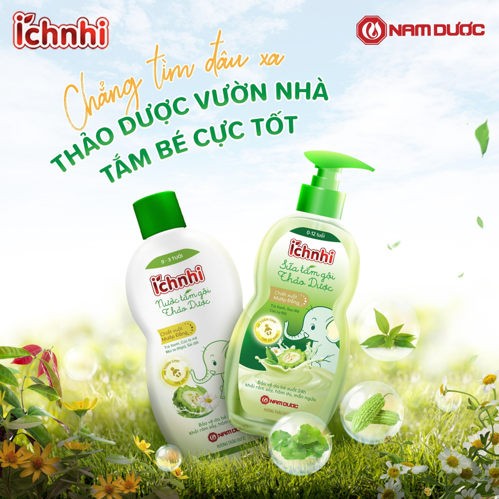 Combo 5 chai Nước tắm gội thảo dược Ích Nhi (0-3 tuổi) bảo vệ bé suốt 24h ngừa rôm sảy, hăm da, mẩn ngứa- Chai 230ml