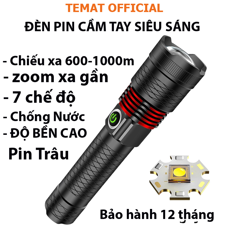 Đèn pin siêu sáng cầm tay mini chiếu xa 300-700m vỏ kim loại chế độ chiếu sáng pin trâu độ bền cao bảo hành 6 tháng