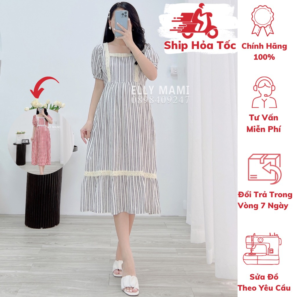 ( 40kg - 75kg ) Đầm Bầu , Suông Sọc Xanh , Viền Ren , Cổ Vuông , Form Dễ Mặc Thoải Mái Suốt Thai Kì & Sau Sinh