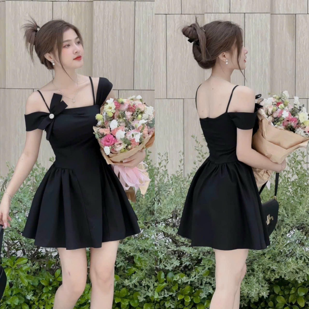 Đầm dự tiệc,dạo phố trễ vai đính nơ dáng xòe xinh xắn dang trọng quấn hút cho nữ đi tiệc,đi chơi,đi dạo