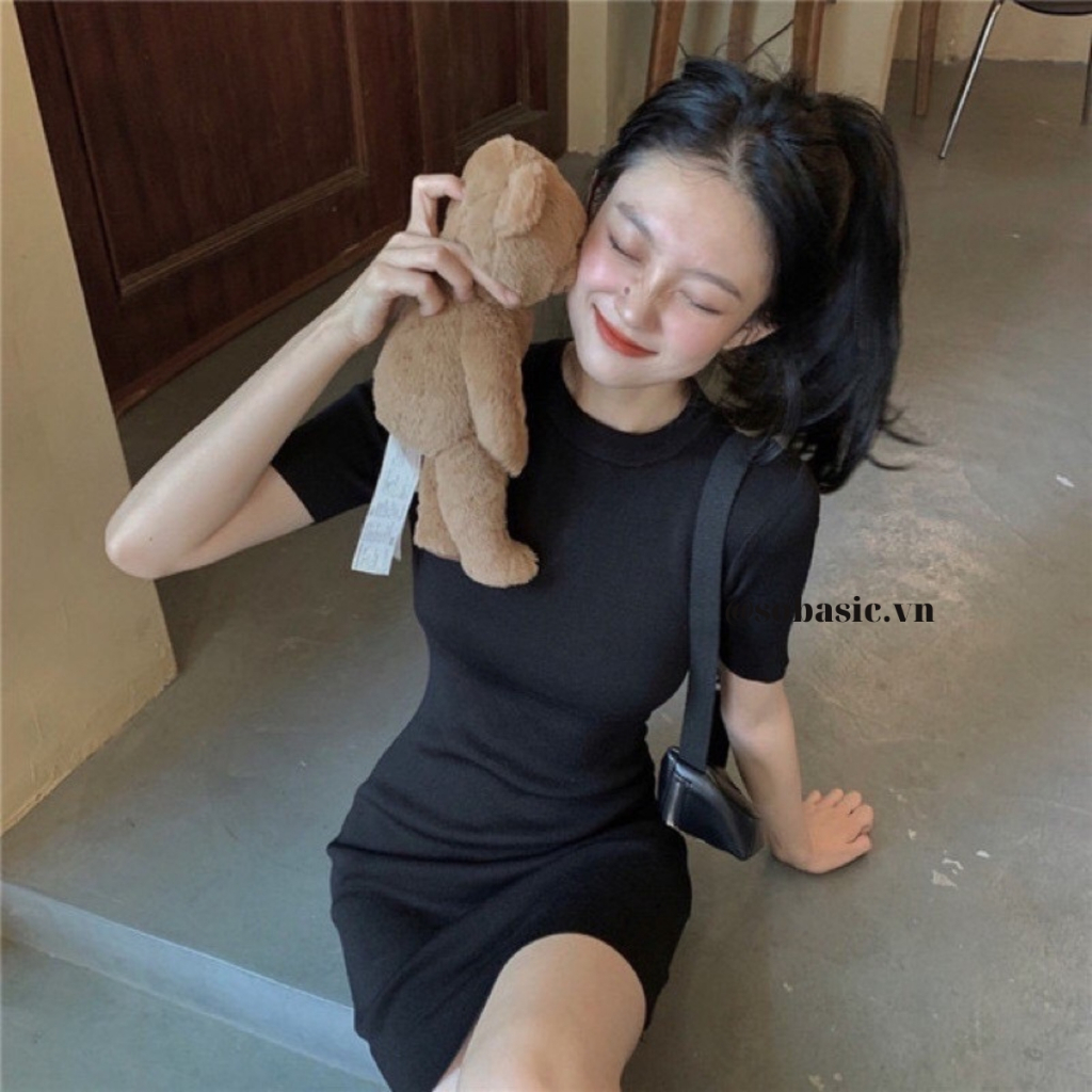 Váy body nữ cổ tròn form ôm sexy Sobasic tay ngắn trẻ trung vải thun gân co giãn