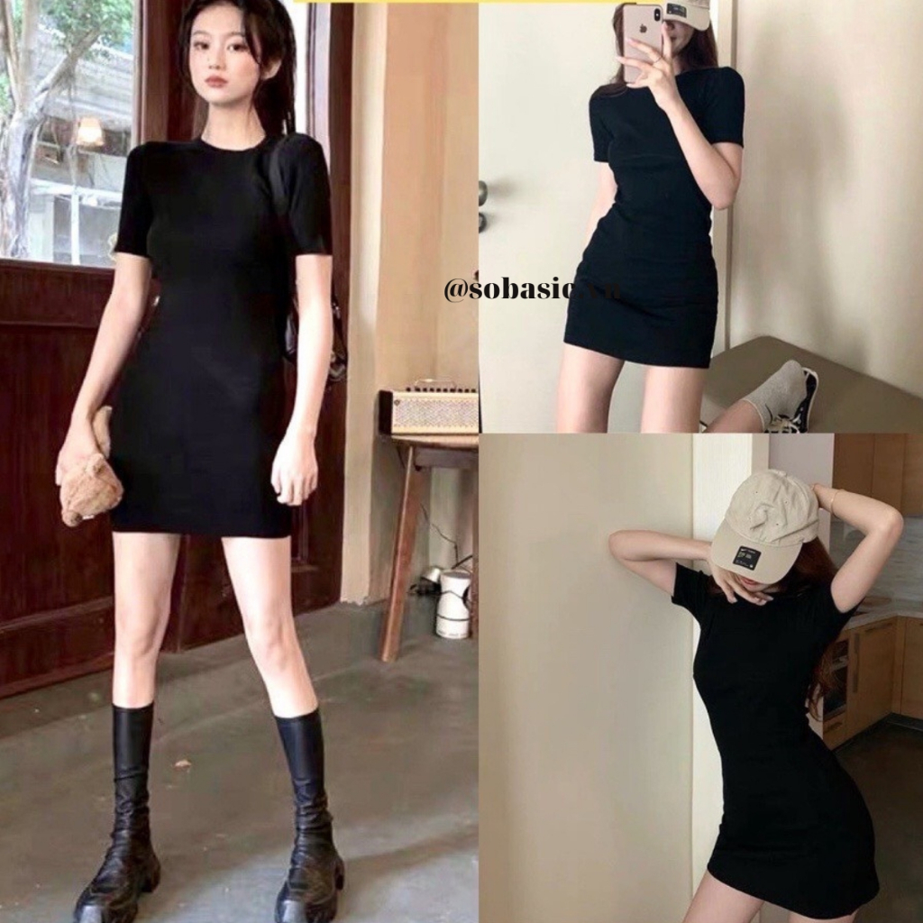 Váy body nữ cổ tròn form ôm sexy Sobasic tay ngắn trẻ trung vải thun gân co giãn