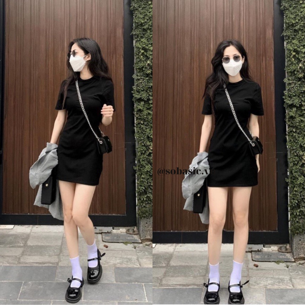 Váy body nữ cổ tròn form ôm sexy Sobasic tay ngắn trẻ trung vải thun gân co giãn