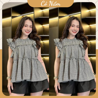Set bộ đùi nữ áo kiểu bèo ren cánh tiên caro đen nhỏ mix quần sooc đùi tacta màu đen freesize