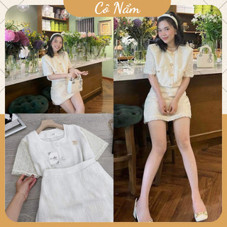 Set bộ váy nữ áo dạ phối ngắn tay phối ren tag cn rời cúc bọc túi trước mix chân váy chữ a tiểu thư