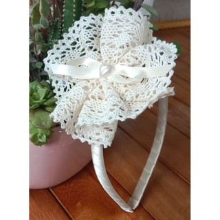 Cài tóc/bờm tóc hoa ren màu kem đính nơ phong cách vintage cho bé gái