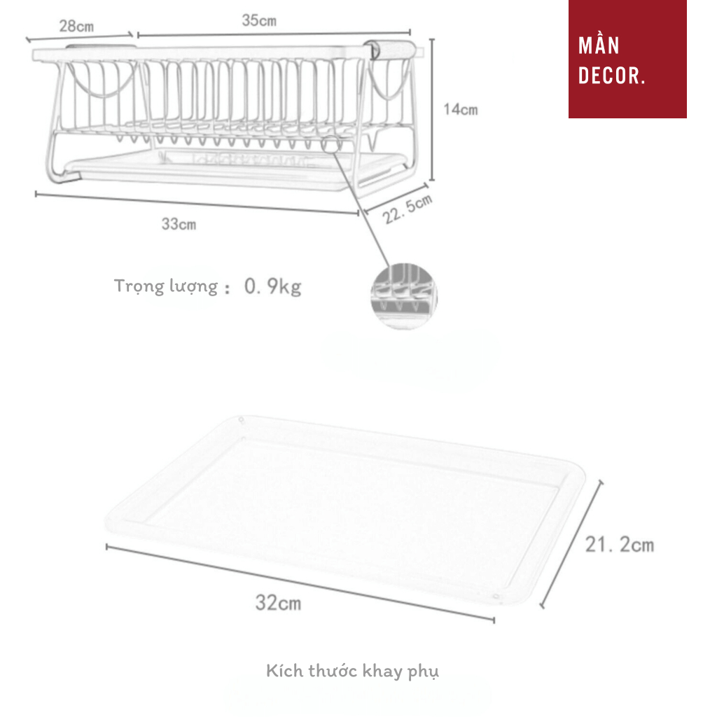 Giá để bát đĩa kèm khay hứng nước thép màu trắng, kệ chạn úp chén đũa đa năng phong cách tối giản - Mần Decor