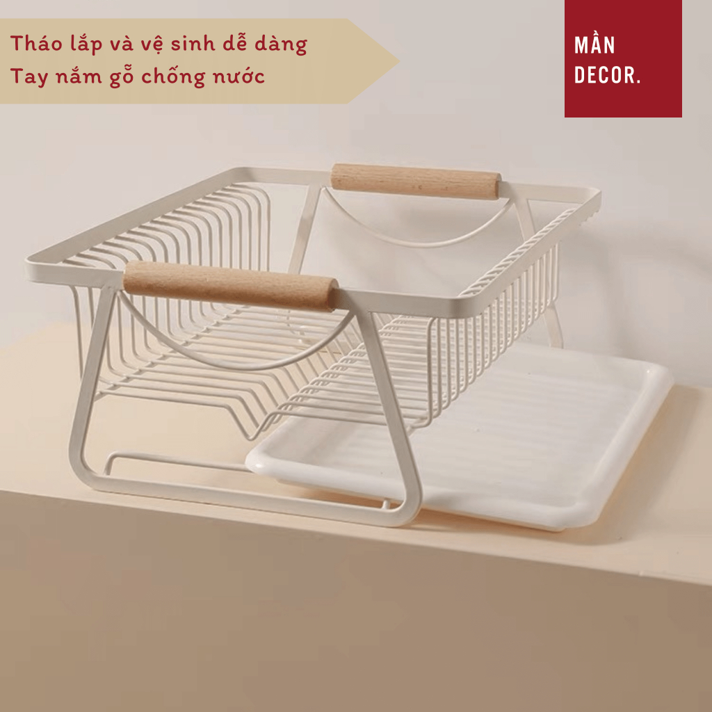Giá để bát đĩa kèm khay hứng nước thép màu trắng, kệ chạn úp chén đũa đa năng phong cách tối giản - Mần Decor