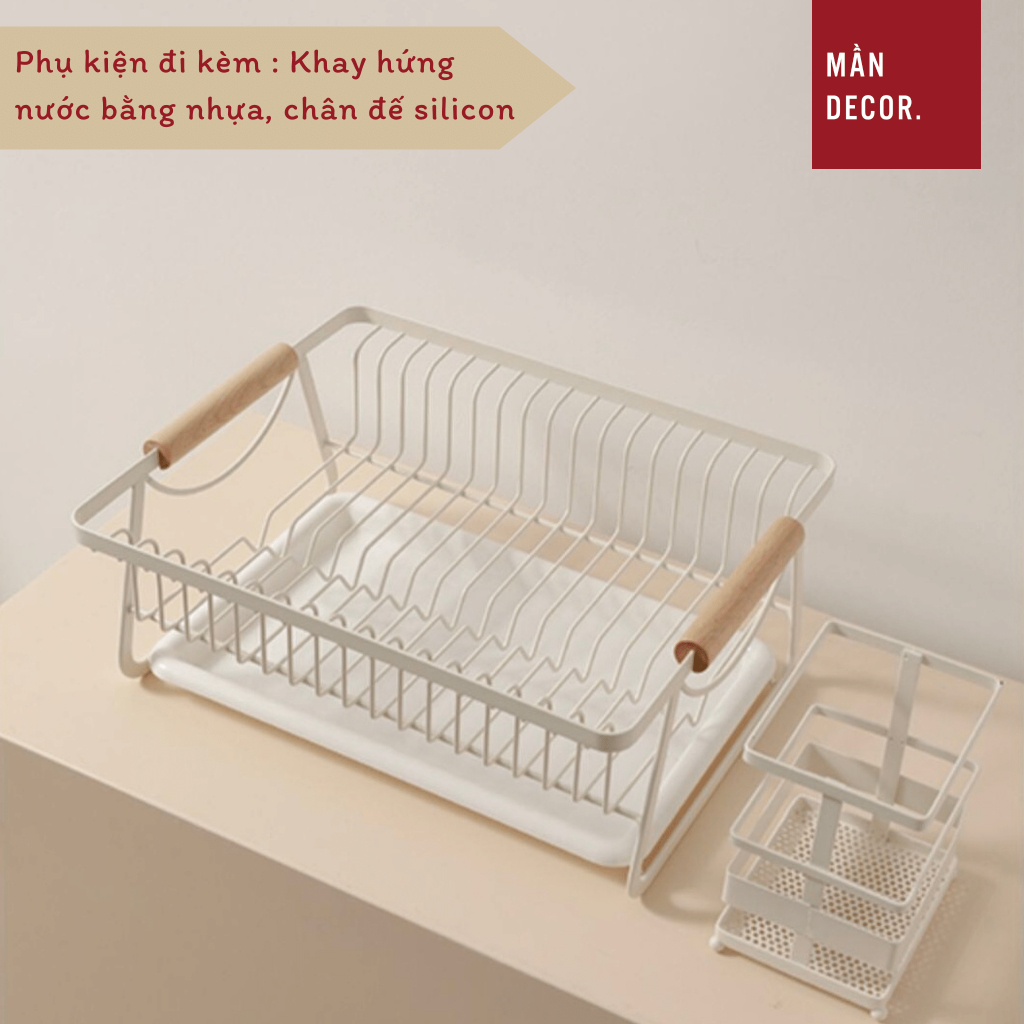 Giá để bát đĩa kèm khay hứng nước thép màu trắng, kệ chạn úp chén đũa đa năng phong cách tối giản - Mần Decor