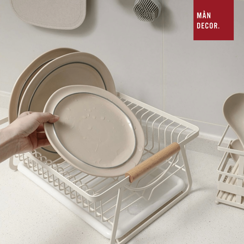 Giá để bát đĩa kèm khay hứng nước thép màu trắng, kệ chạn úp chén đũa đa năng phong cách tối giản - Mần Decor