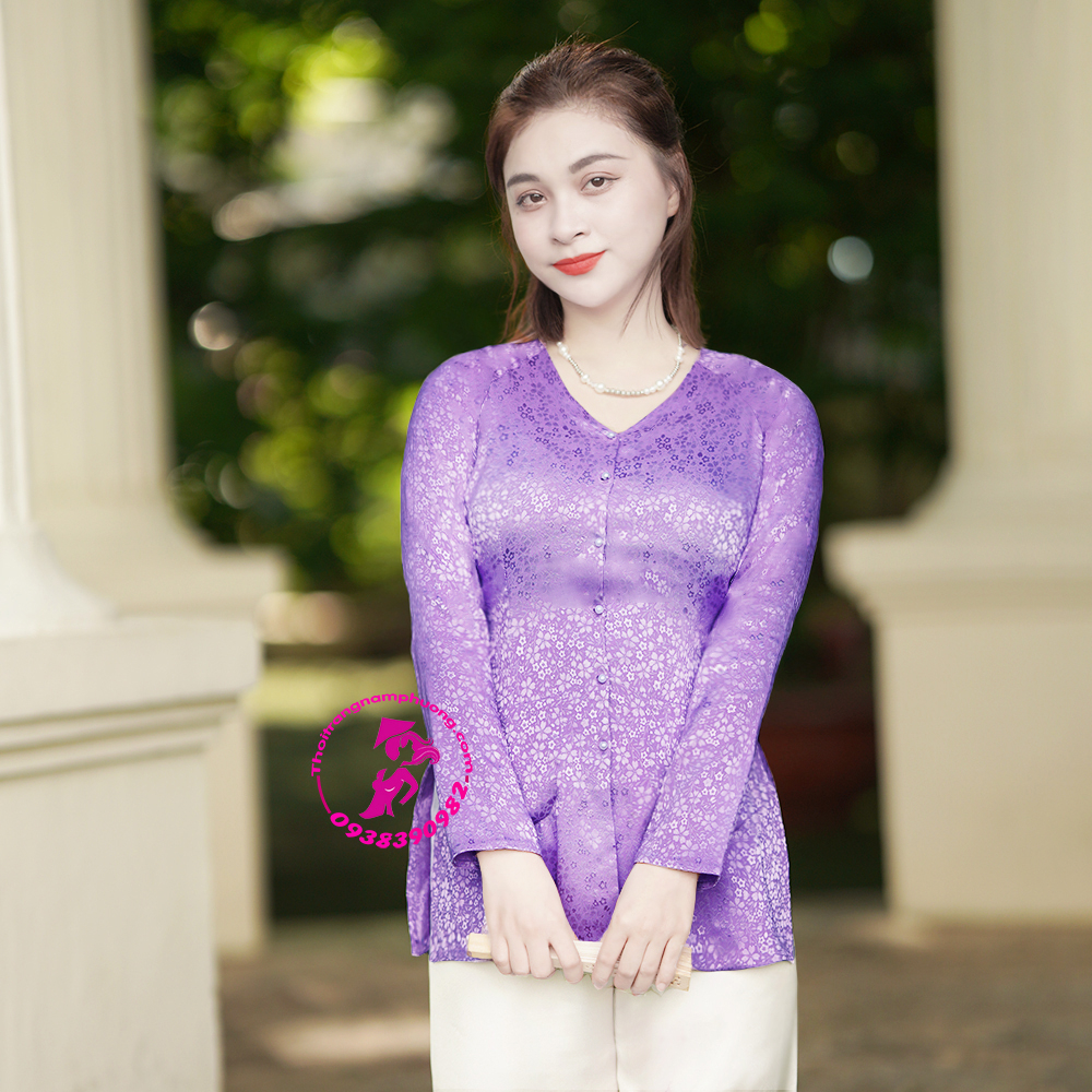 Áo bà ba nữ vải gấm lụa màu tím hoa cà cổ tim - Nam Phương
