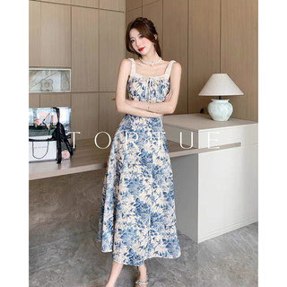 [Sẵn s] V244 Đầm váy dài hai dây hoa xanh biển nhẹ nhàng quyến rũ phong cách Pháp Retro Vintage Taobao mới 2023