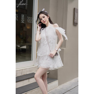 Đầm tơ 2 tầng, cổ yếm, tay bèo đính nơ - Chất tơ mềm mại dễ chịu - Thiết kế Flane