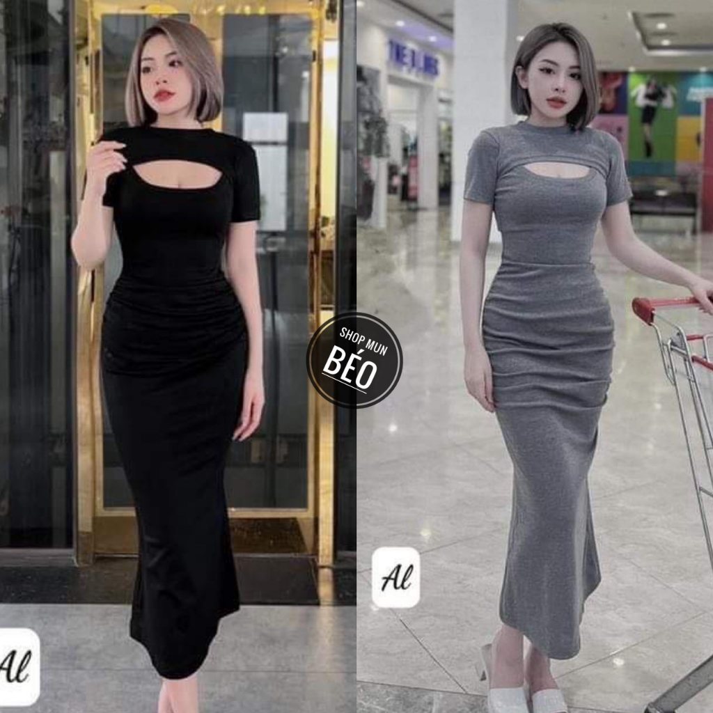 Đầm cổ tròn tay ngắn khoét ngực phom dài chất thun borip co giãn thích hợp mặc đi tiệc đi làm đi chơi