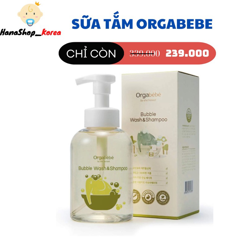 Sữa tắm gội thảo mộc ORGABEBE Chai 500ml- Dạng bọt - 100% tự nhiên an toàn với làn da bé - Nội địa HÀN