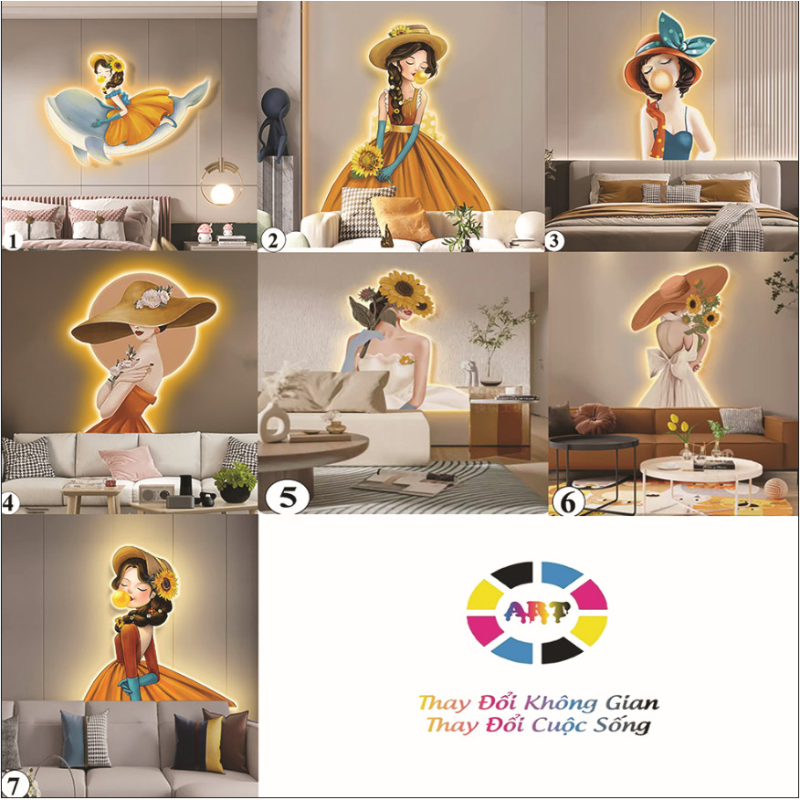 Tranh Đèn Led Cô Gái Decor Phòng Ngủ, Phòng Khách, Tranh Treo Tường Đèn led Cho Bé, Tranh Tráng Gươn