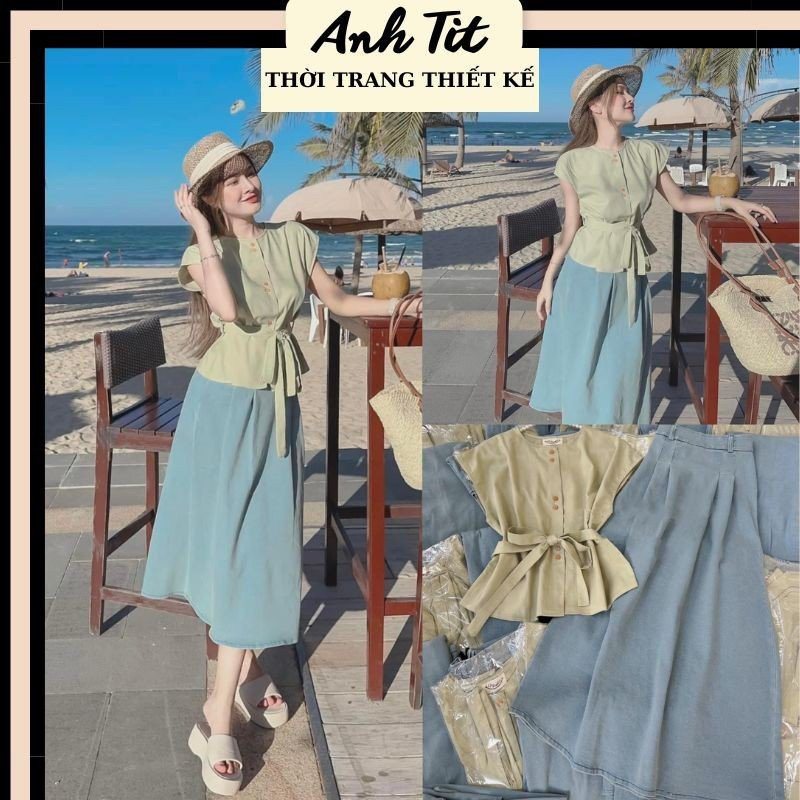 Set Áo Kem Vàng Thắt Eo Mix Chân Váy Midii Jean Dài Đi Chơi Đi Du Lịch Siêu Xinh - Anh Tít Boutique