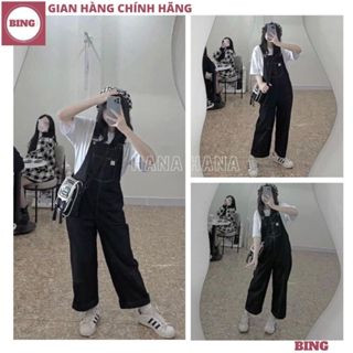 Quần yếm nữ khaki đen viền túi giả trước ống rộng, Quần yếm suông dài chất liệu kaki trẻ trung năng động - BING