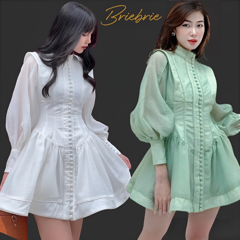 Đầm kiểu nữ tay phồng đính nút Briebrie chất liệu tơ,cao cấp -