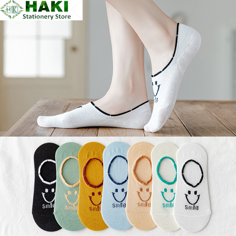 Tất cổ ngắn HAKI, vớ cổ ngắn lười nữ nửa bàn chân vải cotton co giãn thêu hoạ tiết mặt cười smile xinh xắn TC125