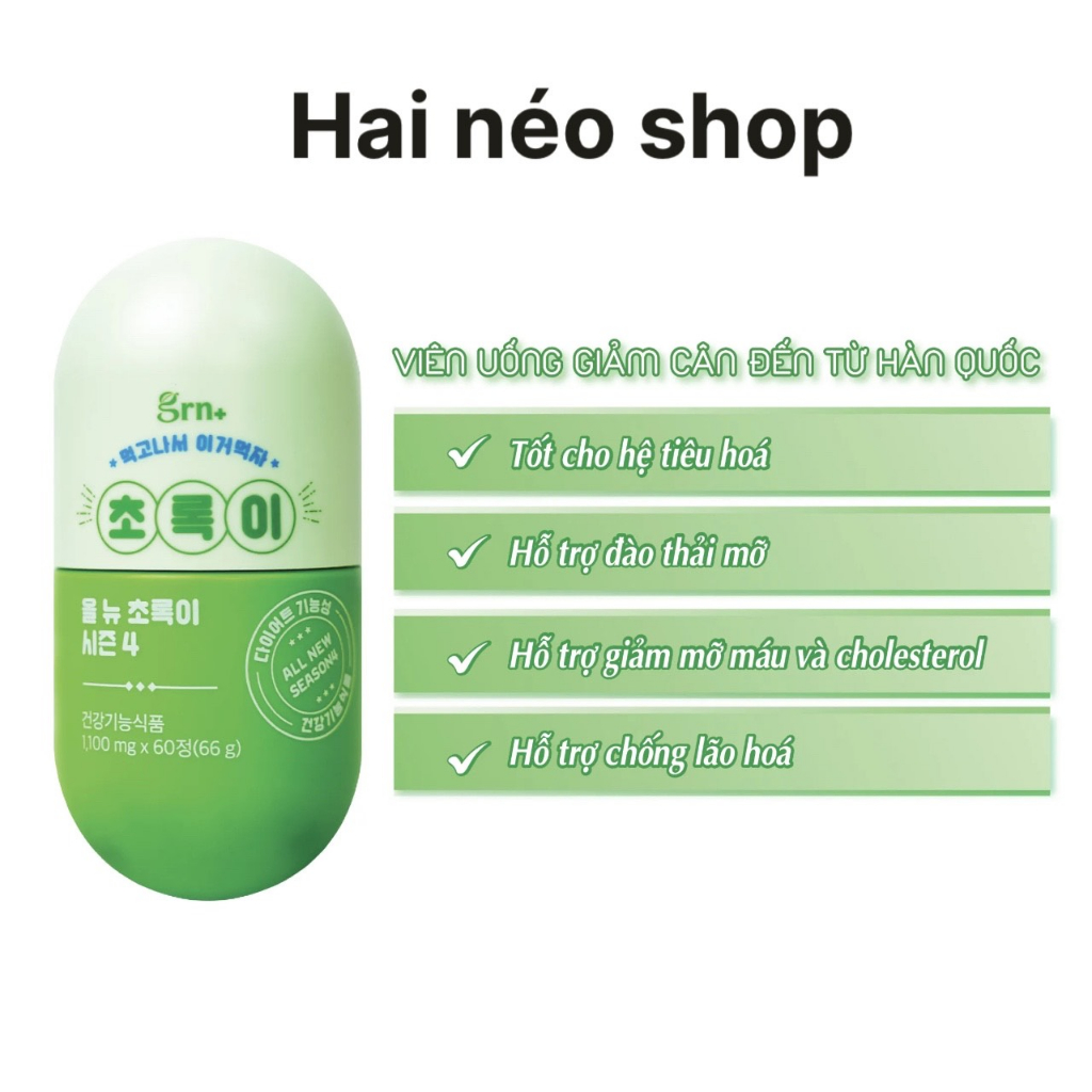 Hủ 60 Viên giảm cân, Detox thải mỡ, giảm mỡ máu & Cholesterol GRN+ All New Green