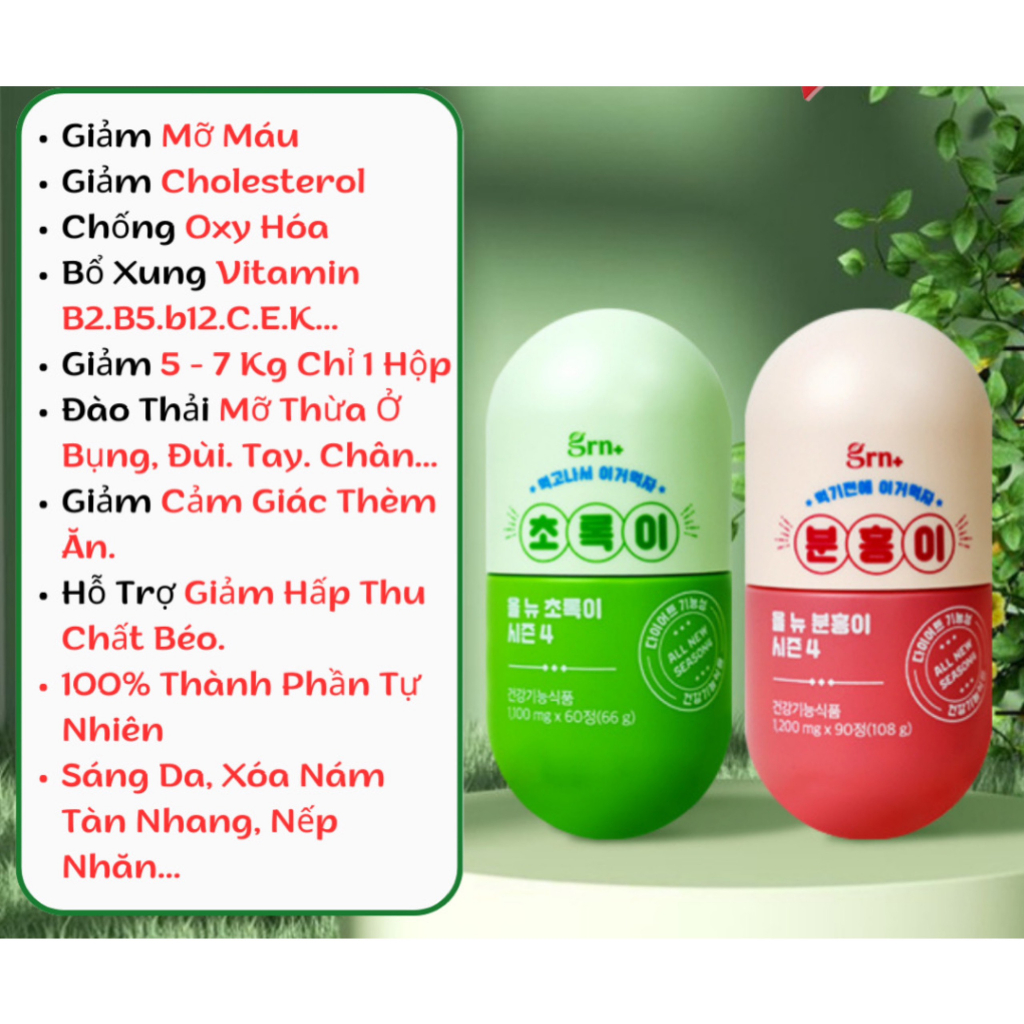 Hủ 60 Viên giảm cân, Detox thải mỡ, giảm mỡ máu & Cholesterol GRN+ All New Green