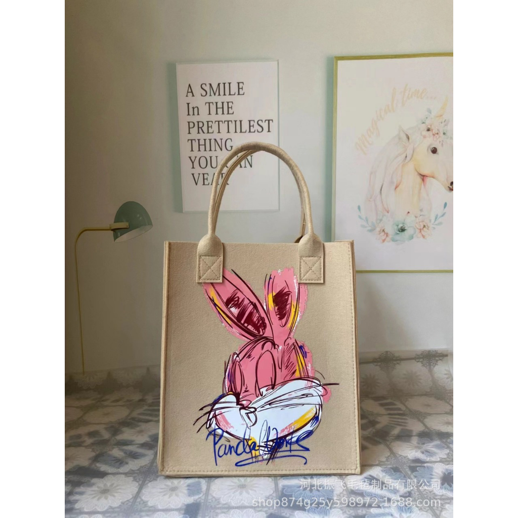 Túi Xách Tay Đựng Đồ In Họa Tiết Hoạt Hình Dễ Thương , Túi Tote Đeo Vai Vải Nỉ In Hoạt Hình Gấu