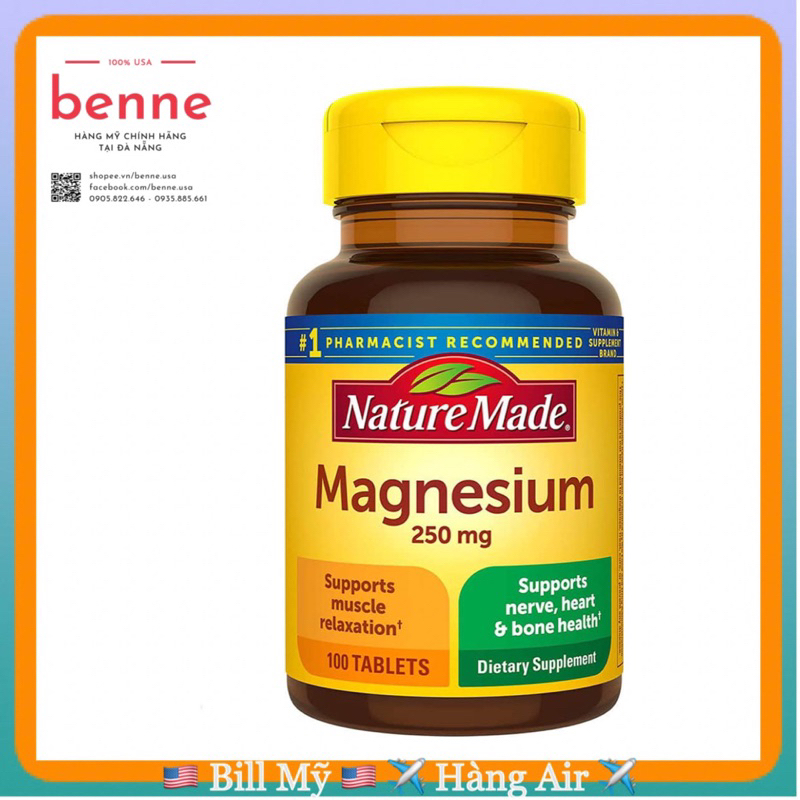 Viên uống bổ sung Magie Nature Made Magnesium 250mg 100 viên của Mỹ