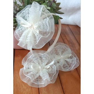 Cài tóc/bờm tóc/kẹp cột tóc hoa voan ren màu kem đính nơ cho bé gái