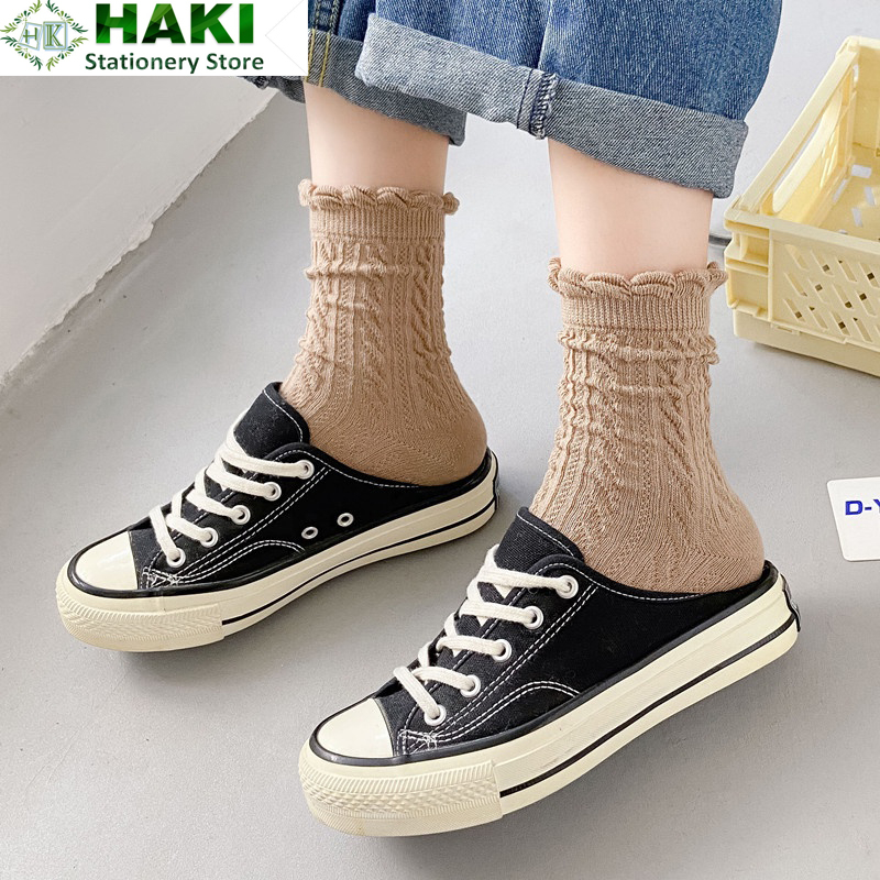 Tất cổ cao HAKI, vớ cổ cao nữ vải ren họa tiết trơn vải co giãn thời trang Hàn Quốc TC135