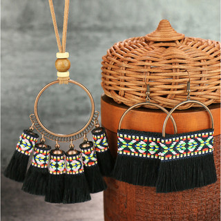 Bộ bông tai, vòng cổ boho tua rua màu đen