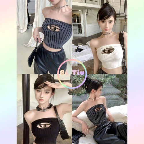 Áo Ống Quây Ngực Len Dệt Kim Co Giãn Ôm Body Dáng Ngắn Croptop Đính Logo Chữ D Kim Loại Nổi Cao Cấp Hottrend