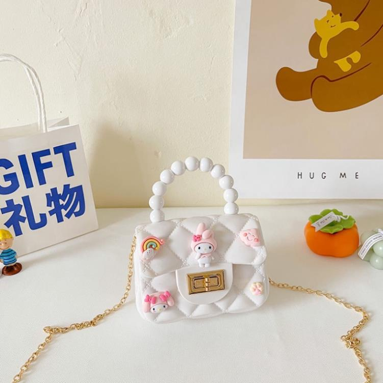 Túi Nhựa Mini Quai Ngọc Đeo Chéo Có Dán Sticker Hoạt Hình Ngộ Nghĩnh Cho BéTúi Quai Ngọc Trai Nhân Tạo