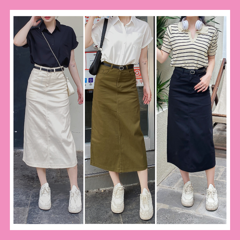 Chân váy kaki dáng dài midi phong cách ulzzang vintage jean denim xẻ sau cá tính trẻ trung đi màu đen be rêu CV67