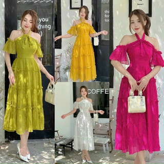 Đầm freesize maxi dây yếm nơ cổ trễ vai tay bèo mooking phía sau có mút ngực chất vải LỤA 100D váy bèo tầng xinh xắn,