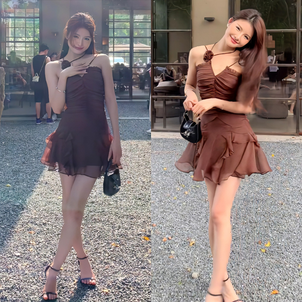 VÁY ĐẦM 2 DÂY ĐUÔI CÁ TRỄ NGỰC KÈM HOA TGFASHION