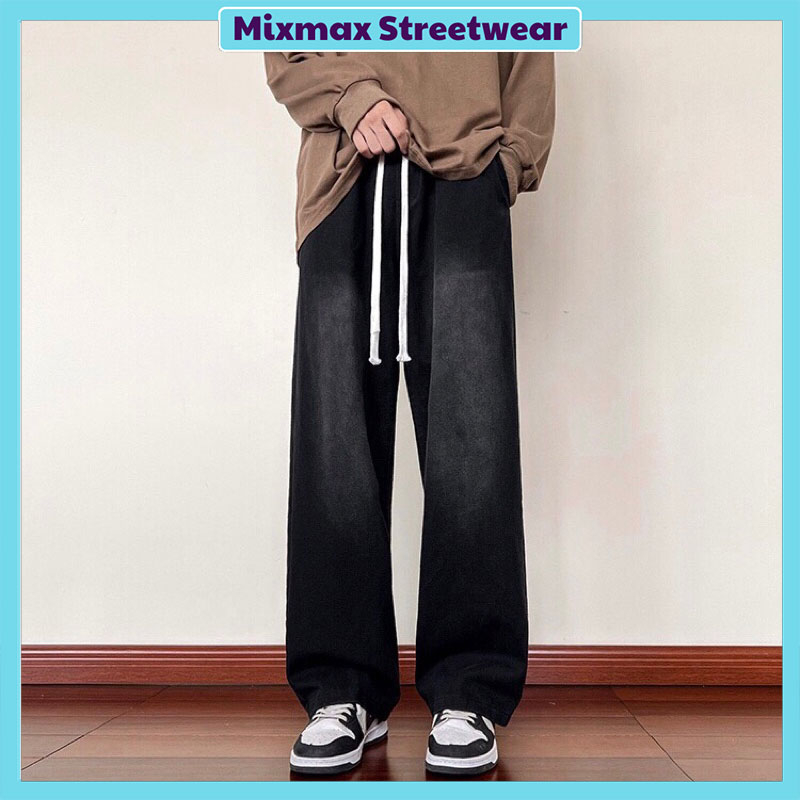 Quần bò jeans ống rộng ombre phối màu đậm nhạt cạp chun dây rút bản to Ulzzang hiphop