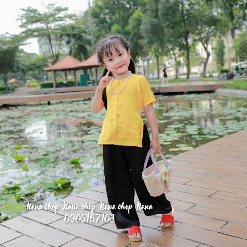 Bộ bà ba bé gái áo gấm quần phi lụa mềm mịn mát size 8- 45ky