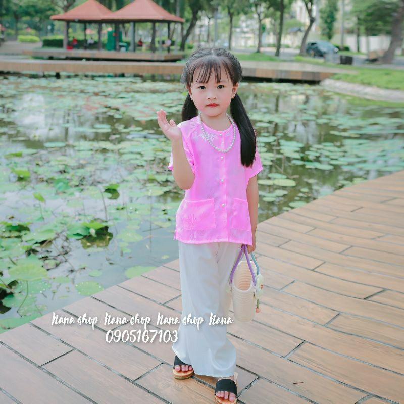 Bộ bà ba bé gái áo gấm quần phi lụa mềm mịn mát size 8- 45ky