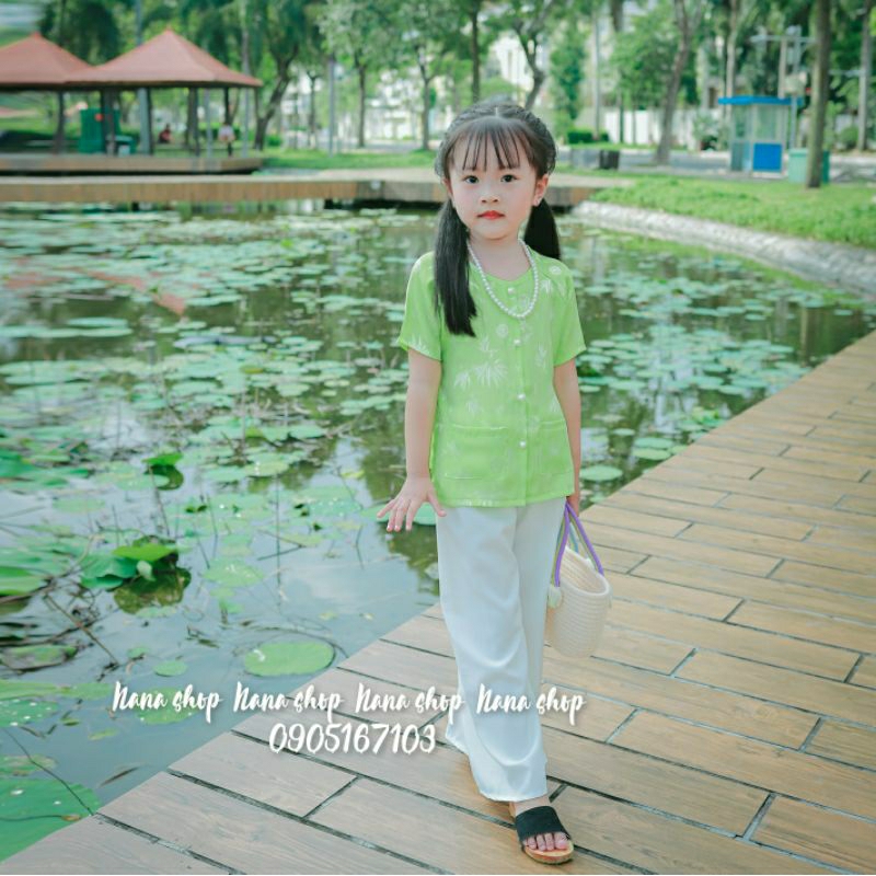 Bộ bà ba bé gái áo gấm quần phi lụa mềm mịn mát size 8- 45ky