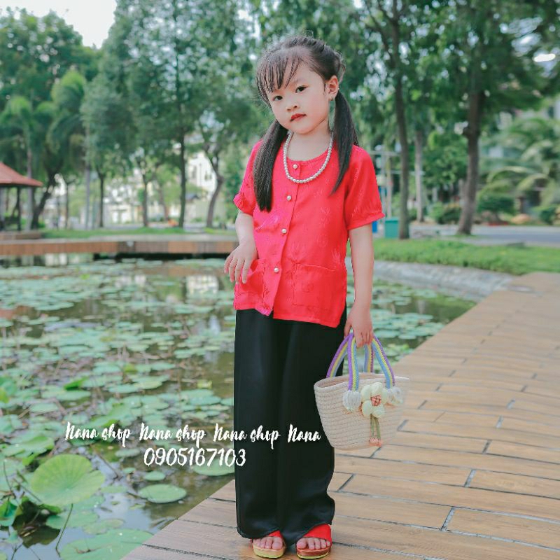 Bộ bà ba bé gái áo gấm quần phi lụa mềm mịn mát size 8- 45ky