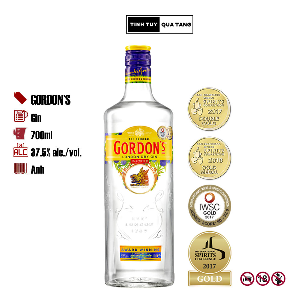 Rượu ngoại Gordon's Gin dung tích 700ml nồng độ cồn 37.5% (Không hộp)
