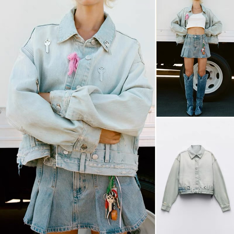 Áo khoác jeans denim bò màu bạc basic Zara xuất A210