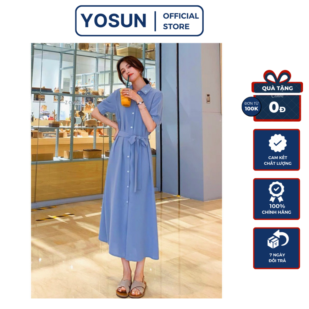 Đầm Nữ Cổ Sơ Mi Tay Ngắn Thắt Nơ Eo Thục Nữ, Đầm Nữ Đi Làm Form Dài Dáng Xòe Xẻ Tà Màu Xanh