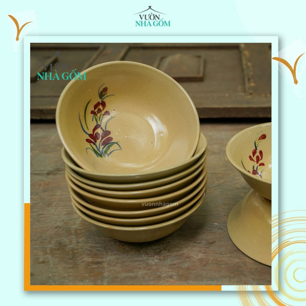 Set 5 cái tô tượng hoa tím, Tô đựng canh, ăn phở- Vườn Nhà Gốm