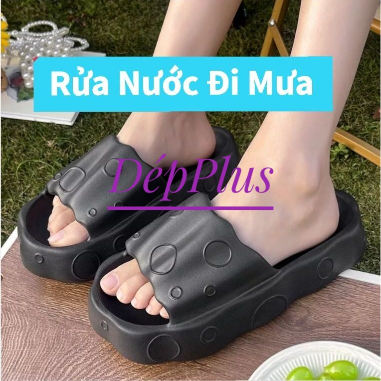 Dép bánh mì nữ đế cao 5cm quai ngang kiểu lê hoạ tiết bong bóng eva nâng chiều cao unisex ulzzang đi mưa