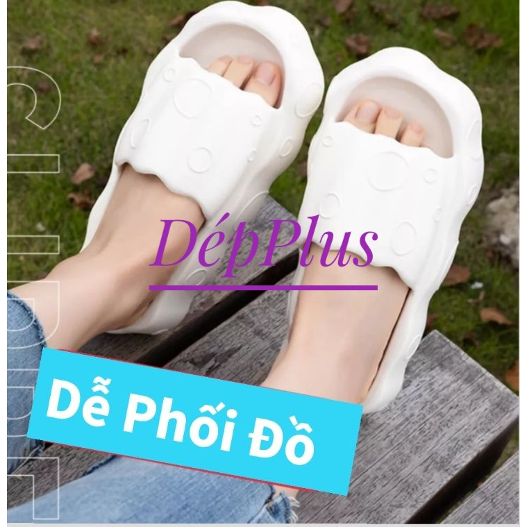 Dép bánh mì nữ đế cao 5cm quai ngang kiểu lê hoạ tiết bong bóng eva nâng chiều cao unisex ulzzang đi mưa