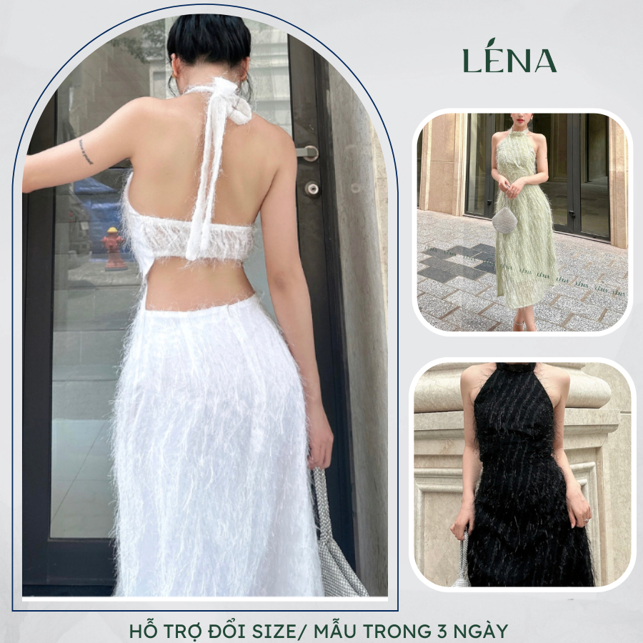 Đầm midi dáng dài lông vũ cổ yếm khoét lưng LENA dự tiệc sang trọng - D3016