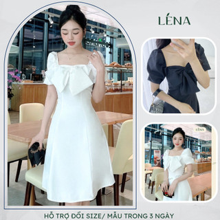 Đầm cổ vuông nơ bản to tay phồng chiết eo form xòe tôn dáng LENA, dịu dàng dạo phố - D2103